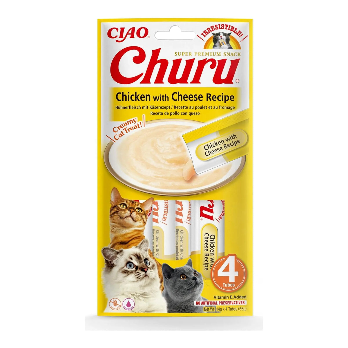 Churu de pollo con queso para gatos, paquete de 4 tubos de 14 g visto de frente, EAN 18859387700732