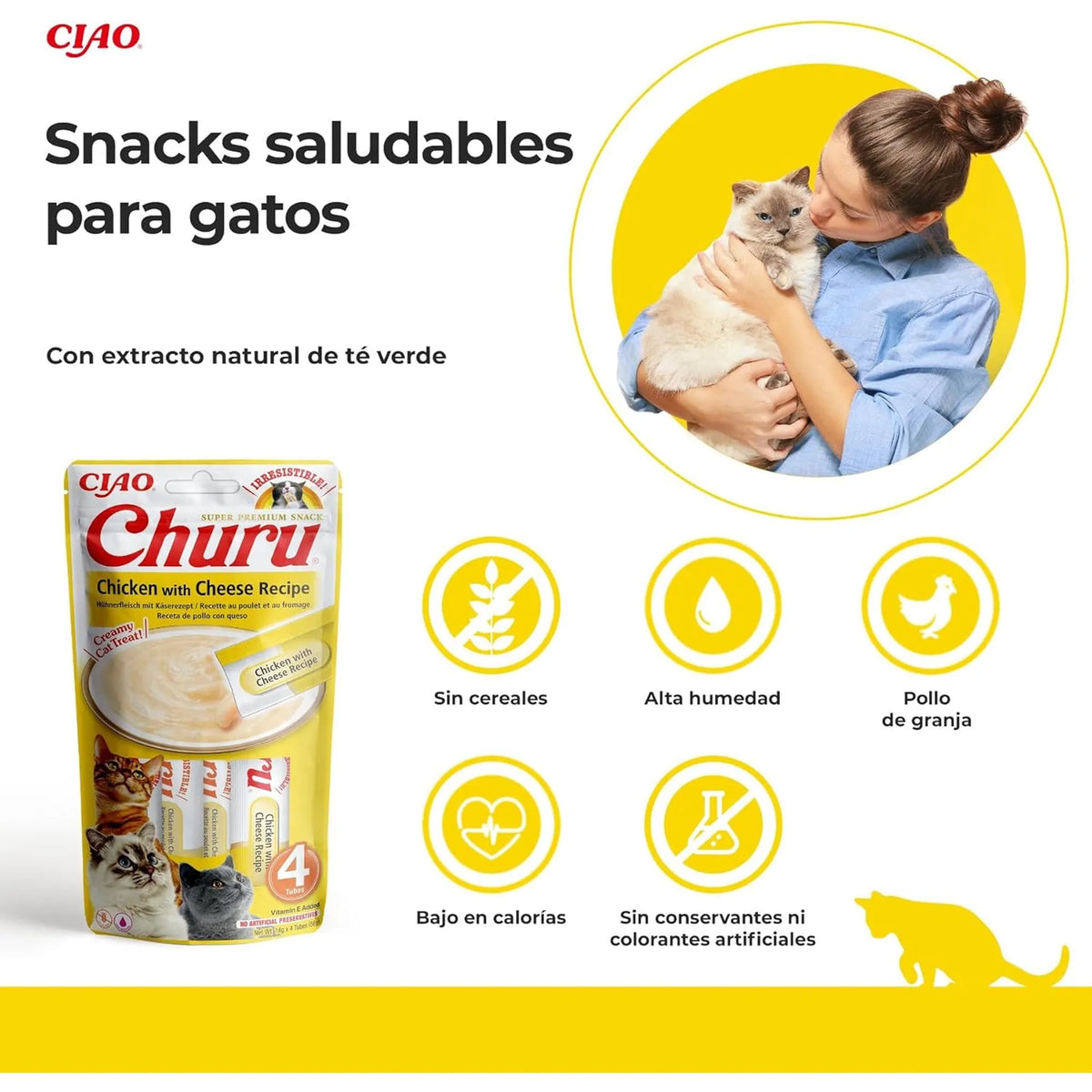 Mujer abrazando a un gato atigrado junto al paquete amarillo y cinco iconos de la receta sobre fondo blanco