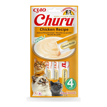 Churu de pollo para gatos, paquete de 4 tubos de 14 g visto de frente, EAN 18859387700695