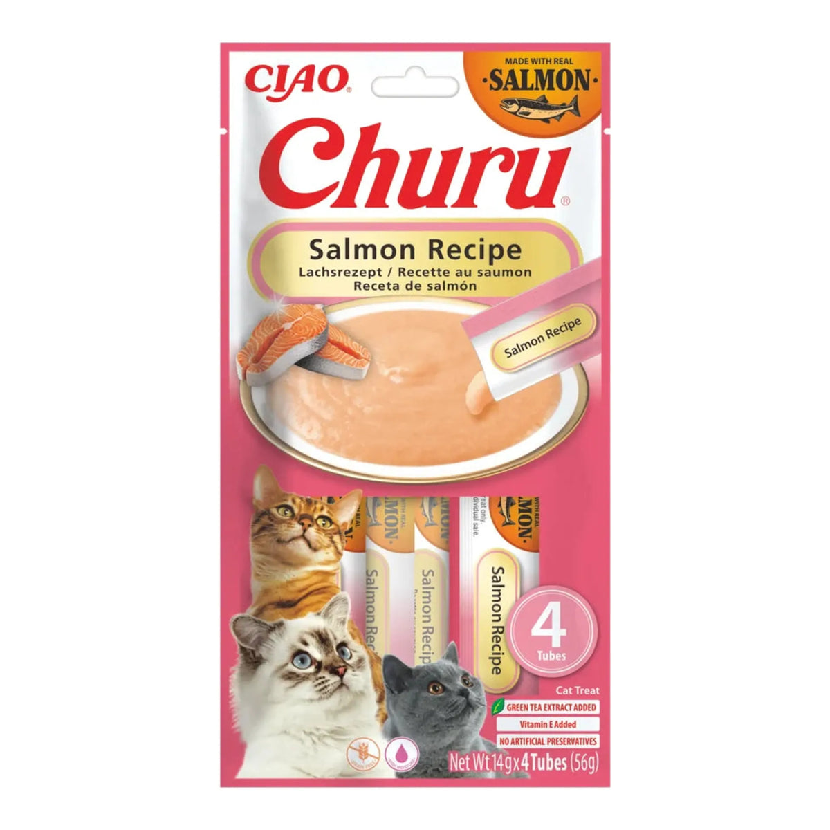 Churu de salmón para gatos, paquete de 4 tubos de 14 g visto de frente, EAN 14262365731293