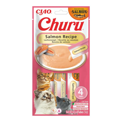 Churu de salmón para gatos, paquete de 4 tubos de 14 g visto de frente, EAN 14262365731293