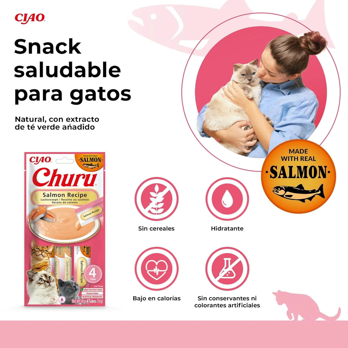 Mujer abrazando a un gato junto al paquete rosa de Churu de salmón y cinco iconos sobre fondo blanco