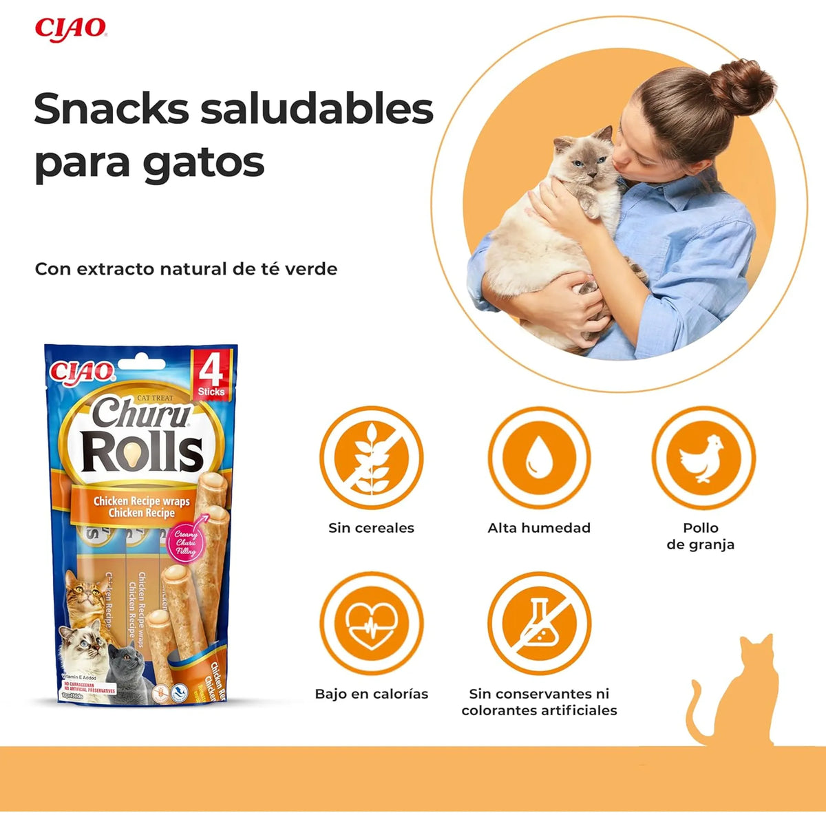Mujer abrazando a su gato junto a los iconos de la receta y la mención al extracto de té verde