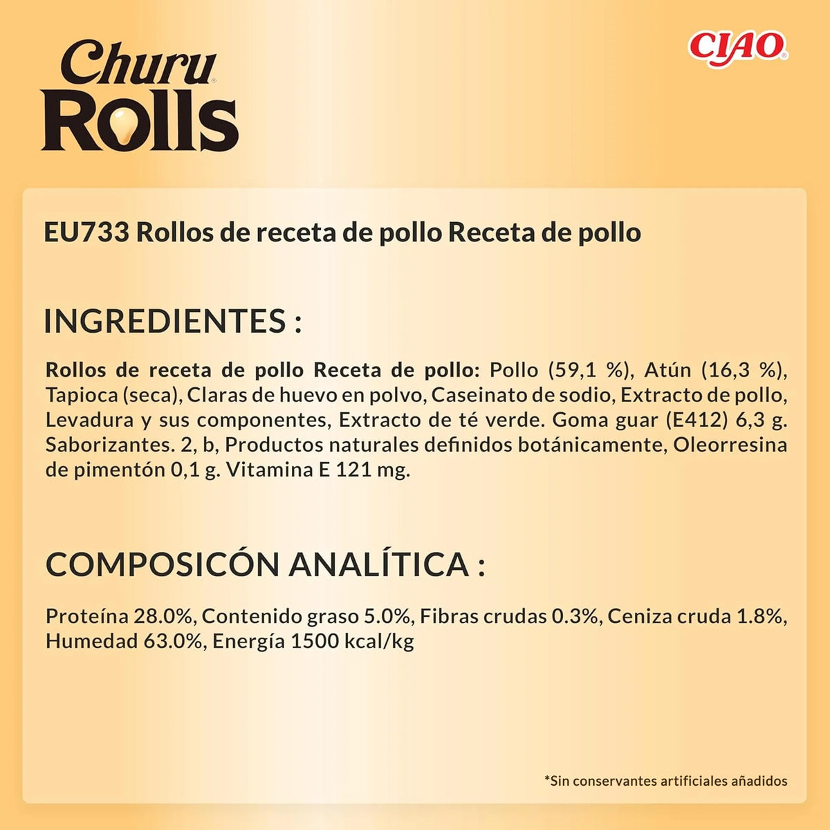 Ficha técnica en español de Churu Rolls de pollo, con los ingredientes y el análisis de la receta