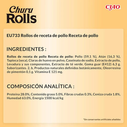 Ficha técnica en español de Churu Rolls de pollo, con los ingredientes y el análisis de la receta