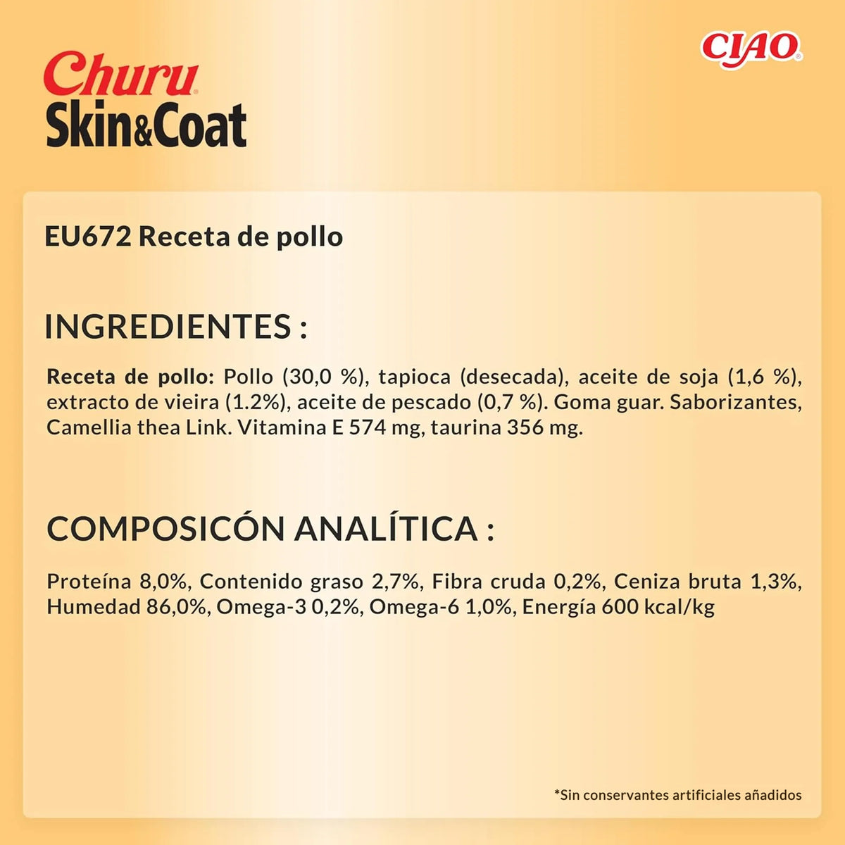 Ficha técnica en español del Churu Skin & Coat de pollo, con los ingredientes y la composición analítica