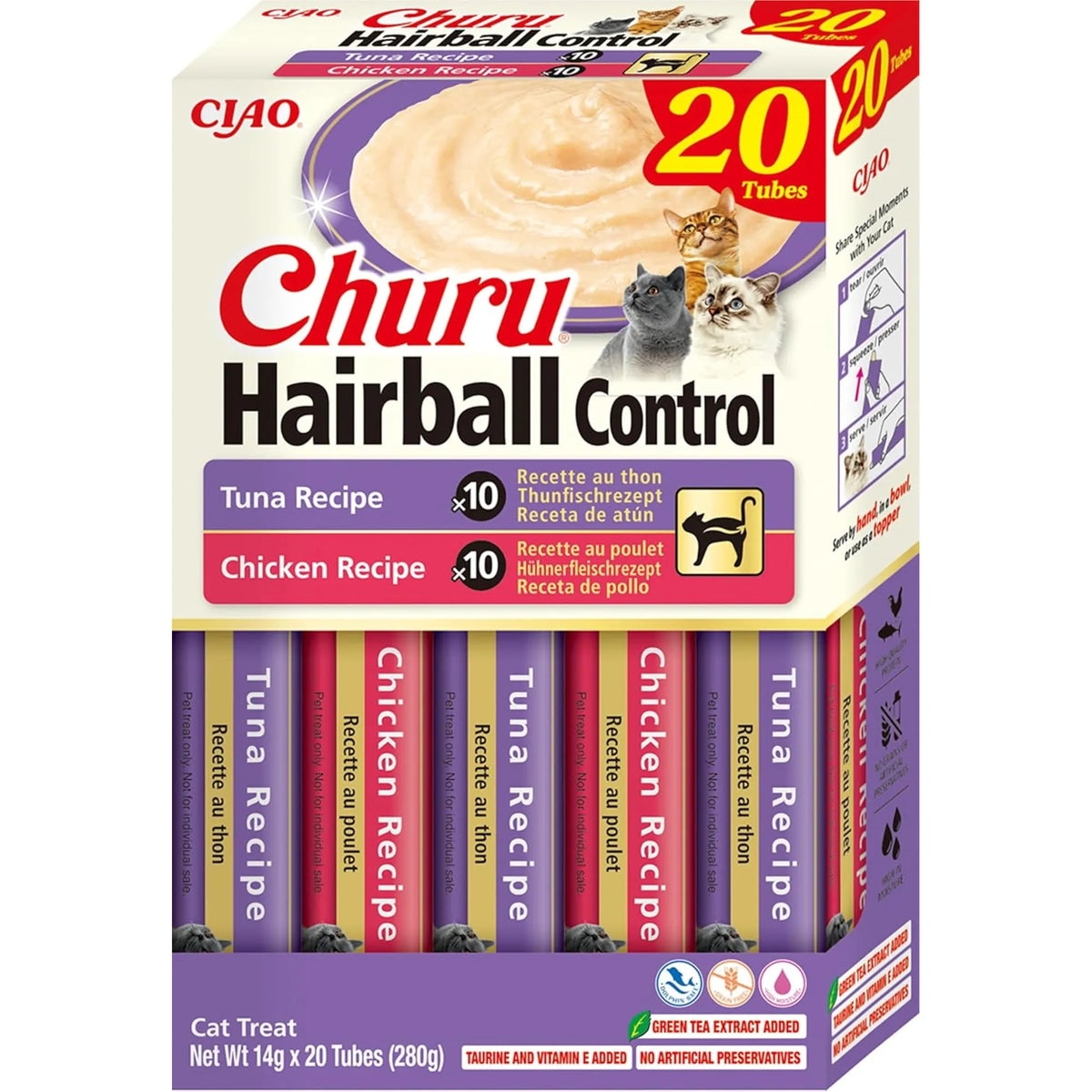 Churu variedades control bolas de pelo para gatos, caja de 20 tubos de 14 g de atún y de pollo, EAN 4262365731388