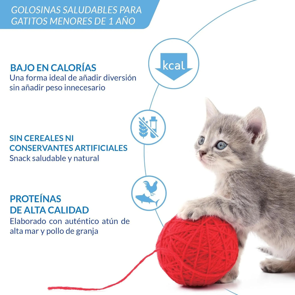 Gatito gris atigrado jugando con un ovillo de lana roja junto a tres iconos de la receta
