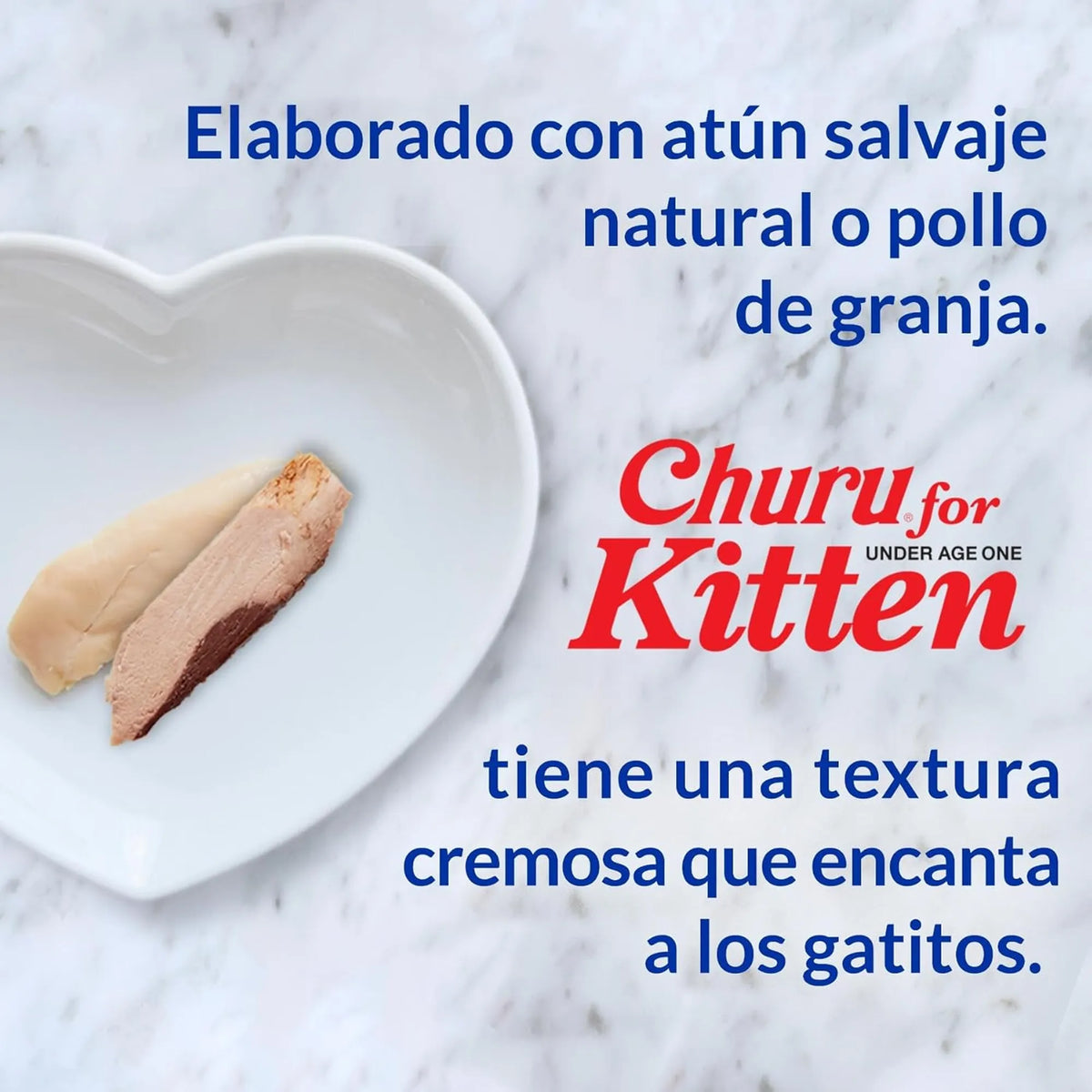 Plato blanco en forma de corazón con atún y pollo, junto al logotipo de Churu for Kitten sobre mármol