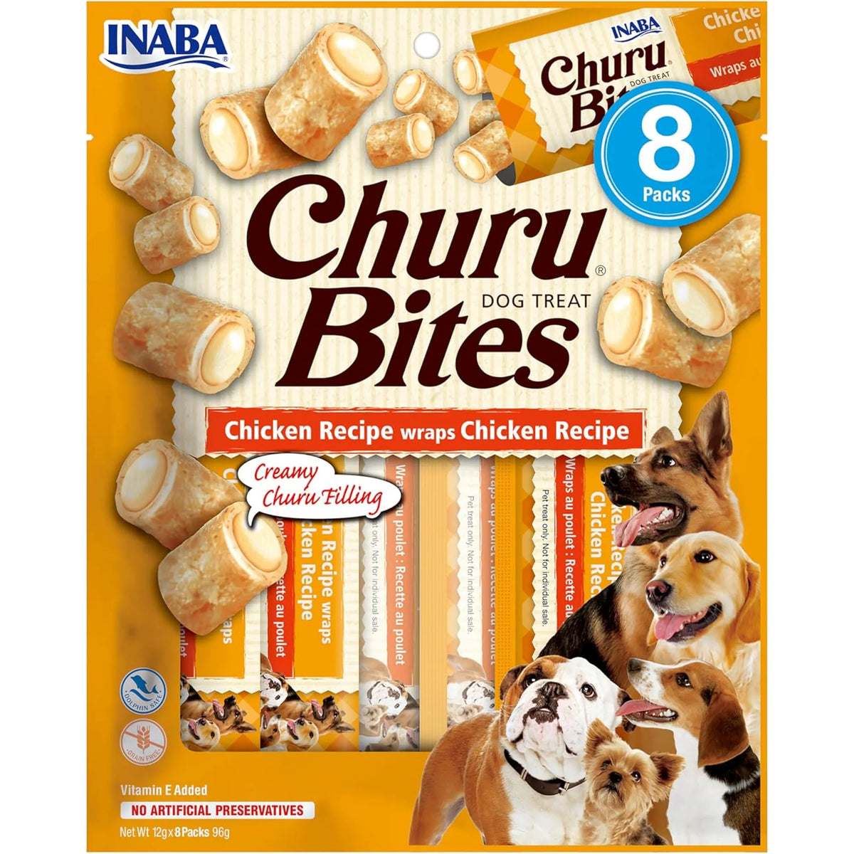 Churu Bites de pollo para perros, bolsa de 8 piezas de 12 g vista de frente, EAN 18859387701326