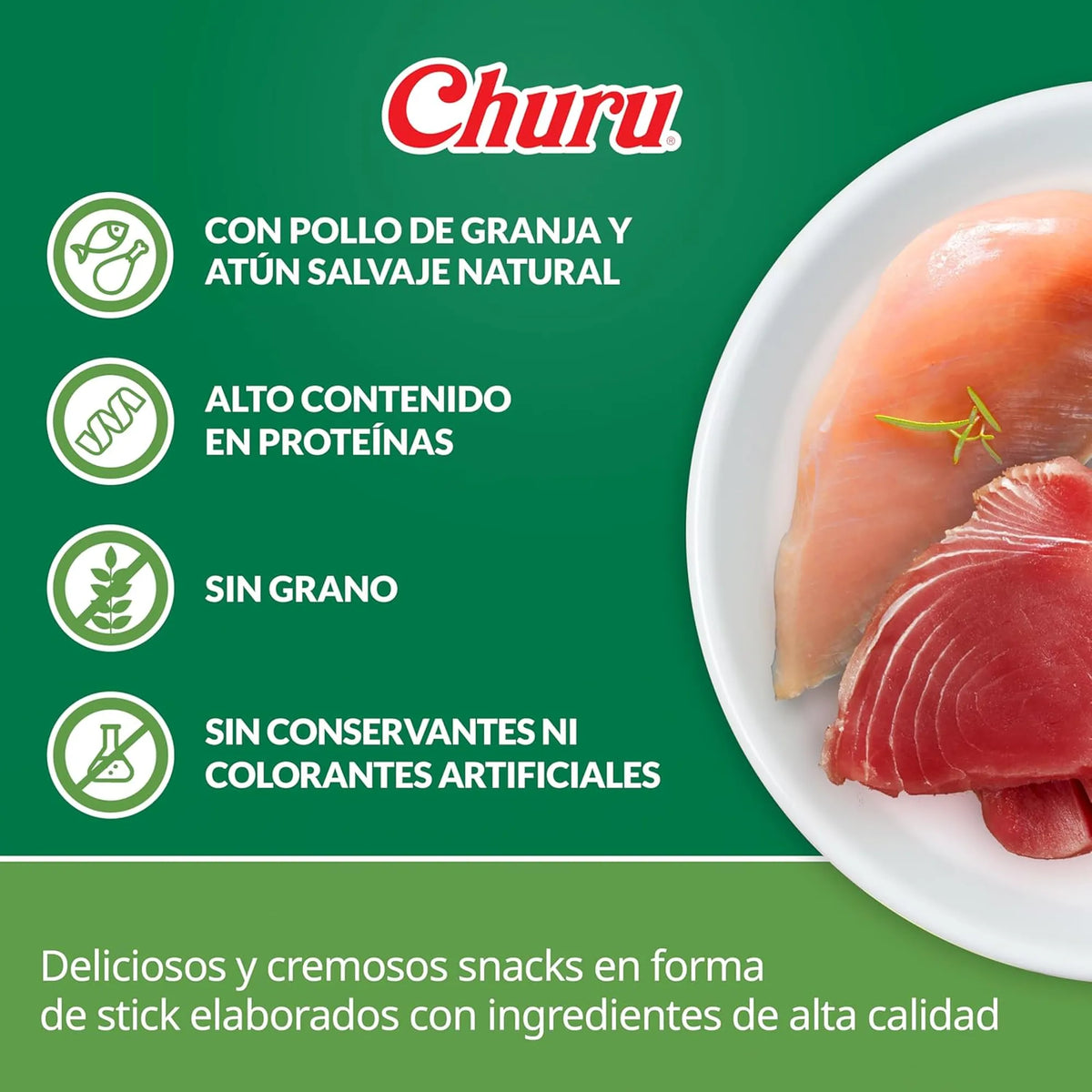 Plato con una pechuga de pollo y un filete de atún junto a cuatro iconos de la receta sobre fondo verde