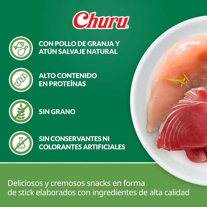 Plato con una pechuga de pollo y un filete de atún junto a cuatro iconos de la receta sobre fondo verde