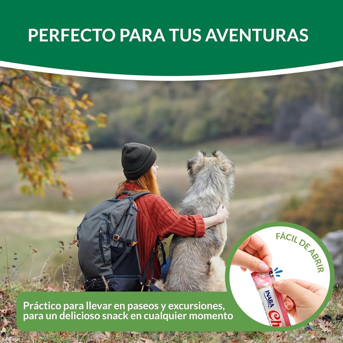 Mujer con mochila sentada junto a su perro en pleno campo, con un recuadro sobre cómo se abre el envase