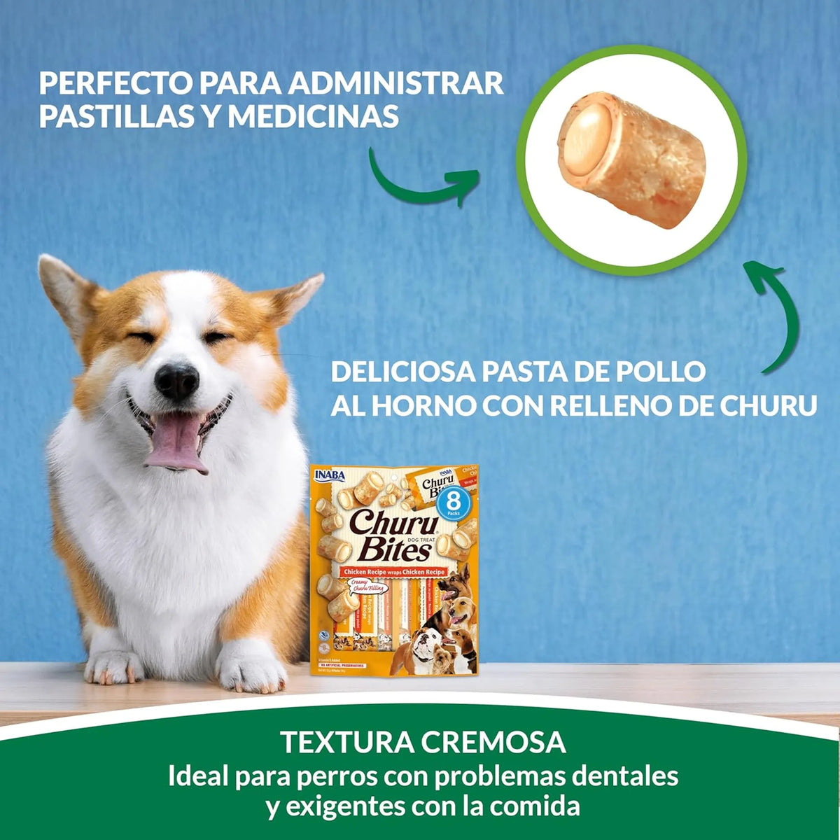 Perro marrón y blanco de orejas grandes sonriendo junto a la bolsa de Churu Bites y una pieza con su relleno