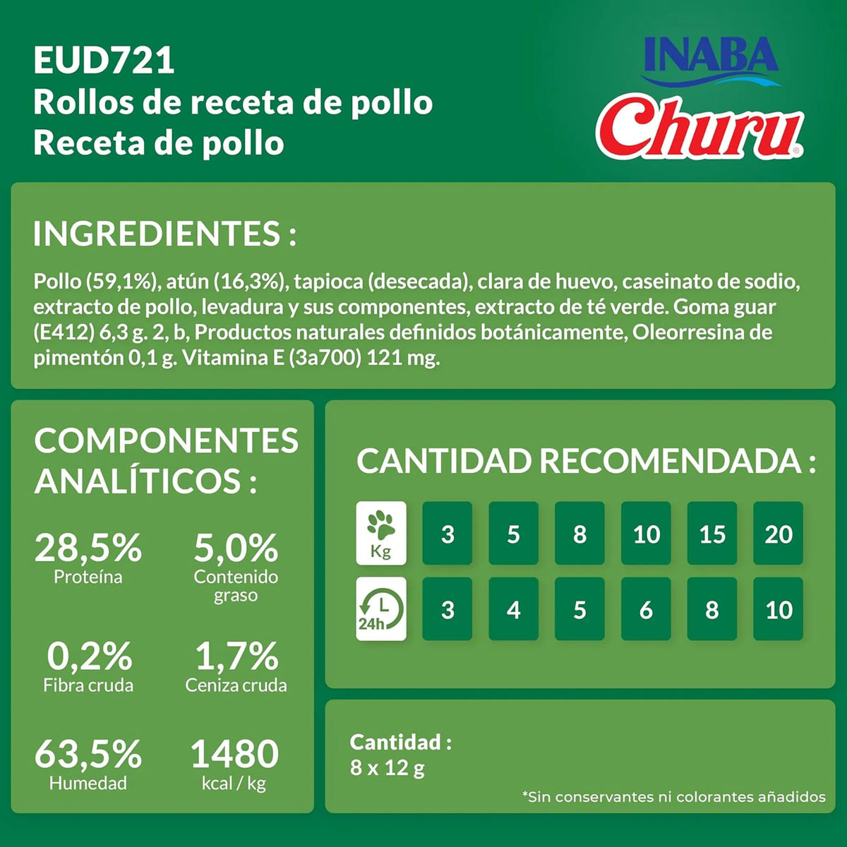 Ficha técnica en español de los Churu Bites para perros, con ingredientes, analíticos y una tabla por peso