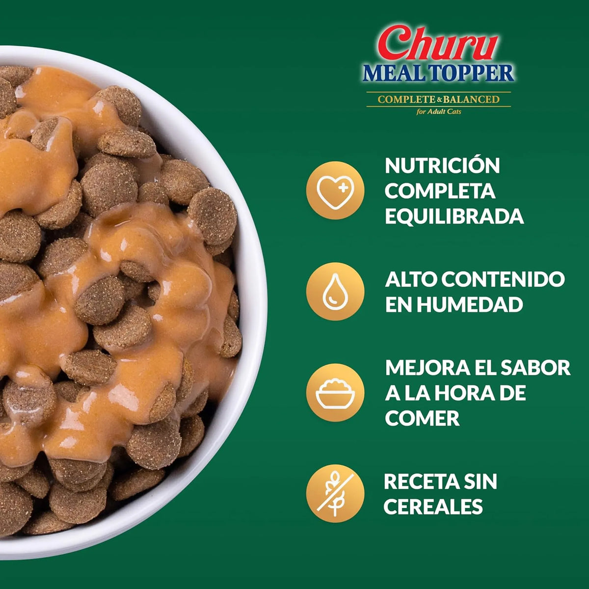 Cuenco de pienso cubierto de puré de Churu Meal Topper junto a cuatro iconos sobre fondo verde