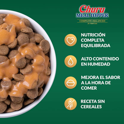 Cuenco de pienso cubierto de puré de Churu Meal Topper junto a cuatro iconos sobre fondo verde