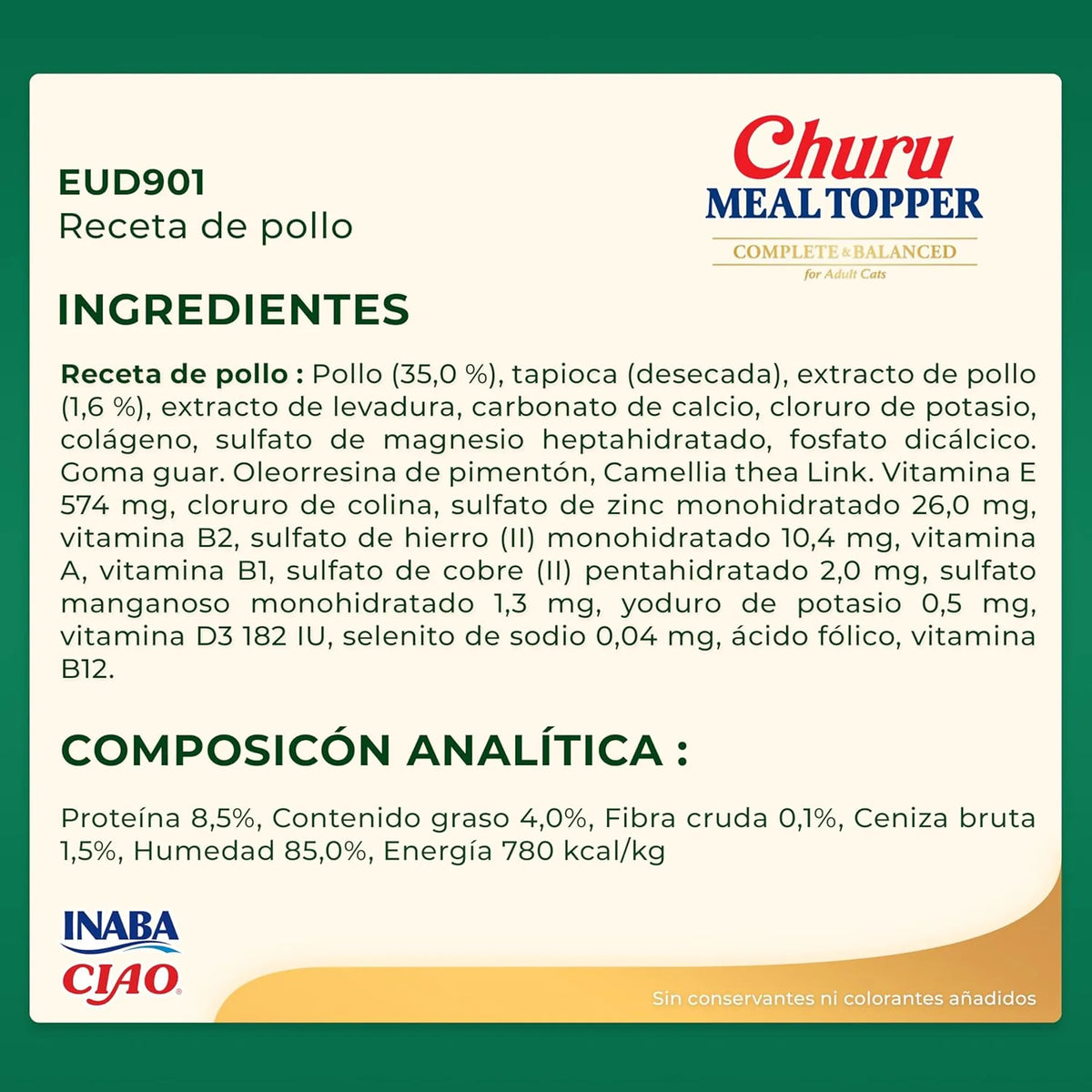 Ficha técnica en español del Churu Meal Topper de pollo para perros, con ingredientes y composición analítica