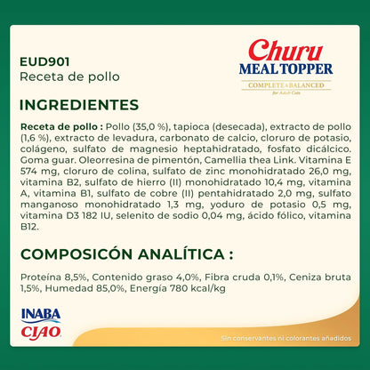 Ficha técnica en español del Churu Meal Topper de pollo para perros, con ingredientes y composición analítica