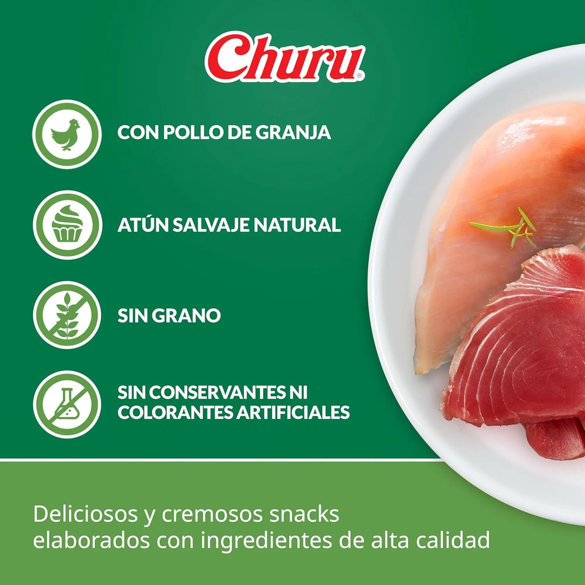 Plato con pechuga de pollo y un filete de atún crudo, los dos ingredientes que dan nombre a la receta
