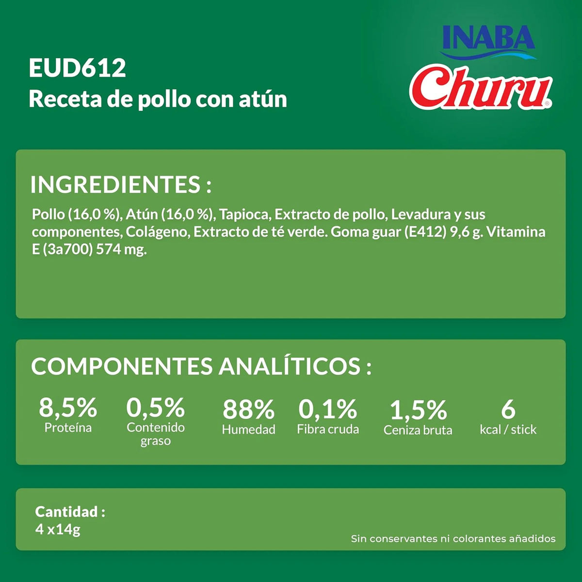 Ficha técnica en español del Churu de pollo con atún para perros, con ingredientes y analíticos