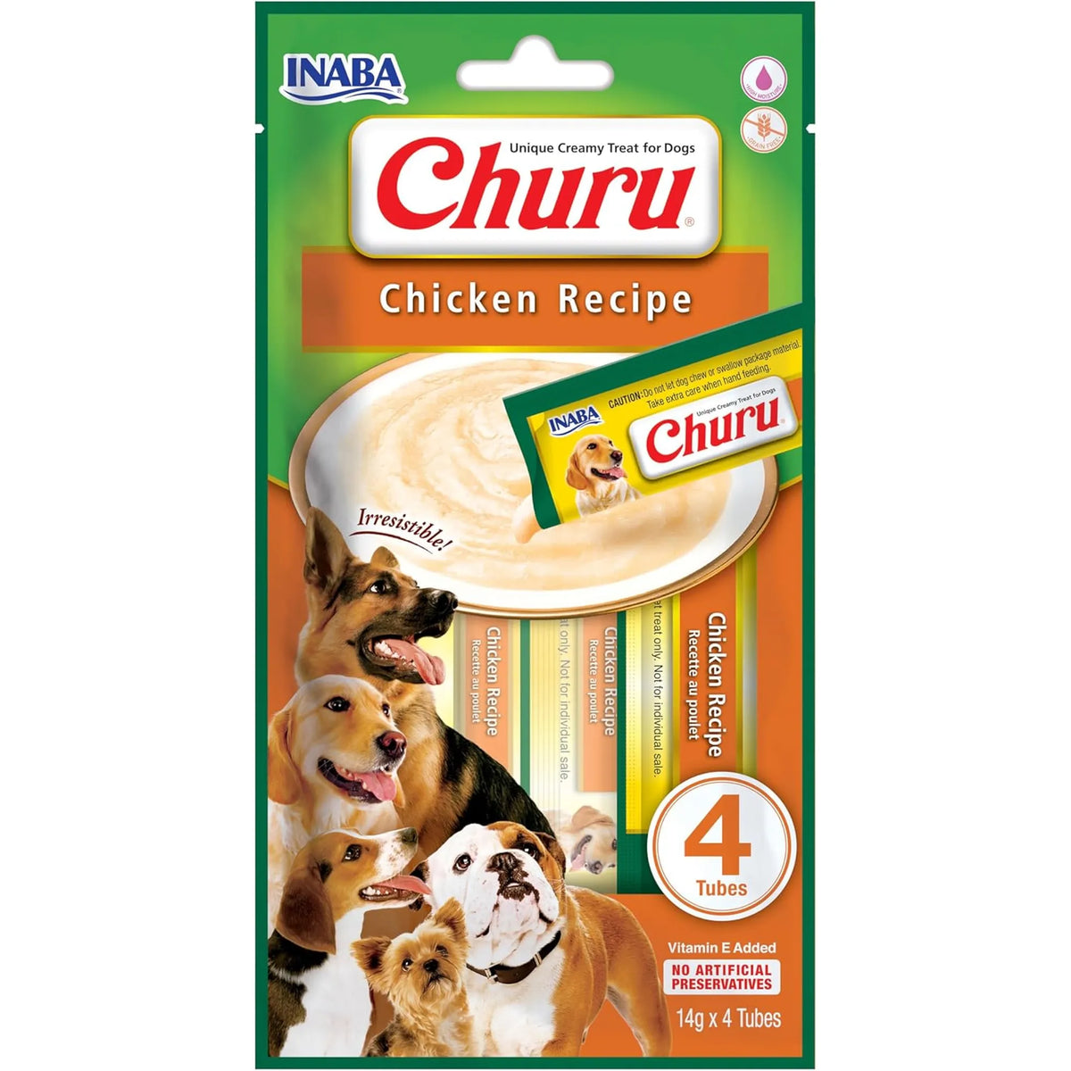 Churu de pollo para perros, paquete de 4 tubos de 14 g visto de frente, EAN 18859387701067