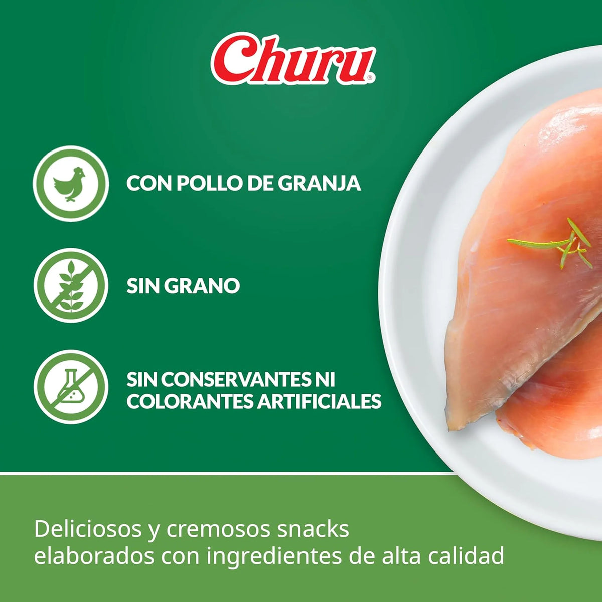 Plato blanco con una pechuga de pollo cruda y romero, junto a tres iconos sobre fondo verde