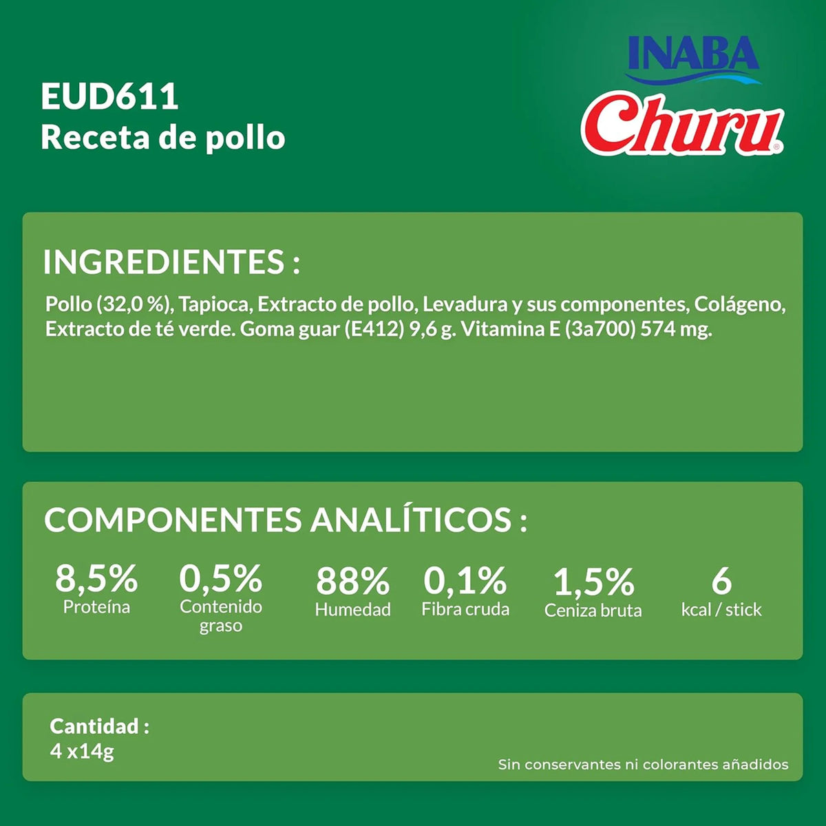 Ficha técnica en español del Churu de pollo para perros, con los ingredientes y los componentes analíticos