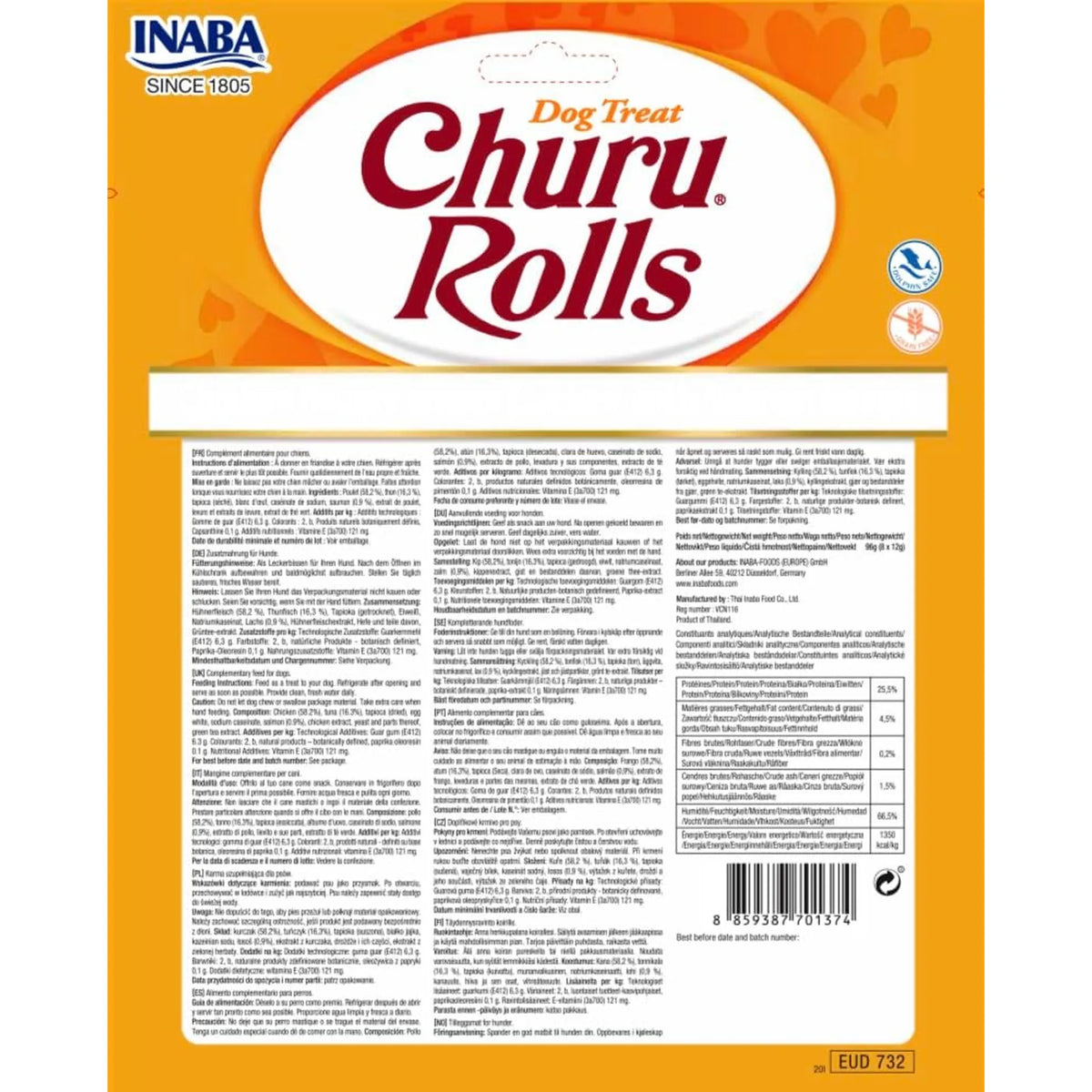 Parte trasera de la bolsa de Churu Rolls con la composición en varios idiomas y la tabla de análisis