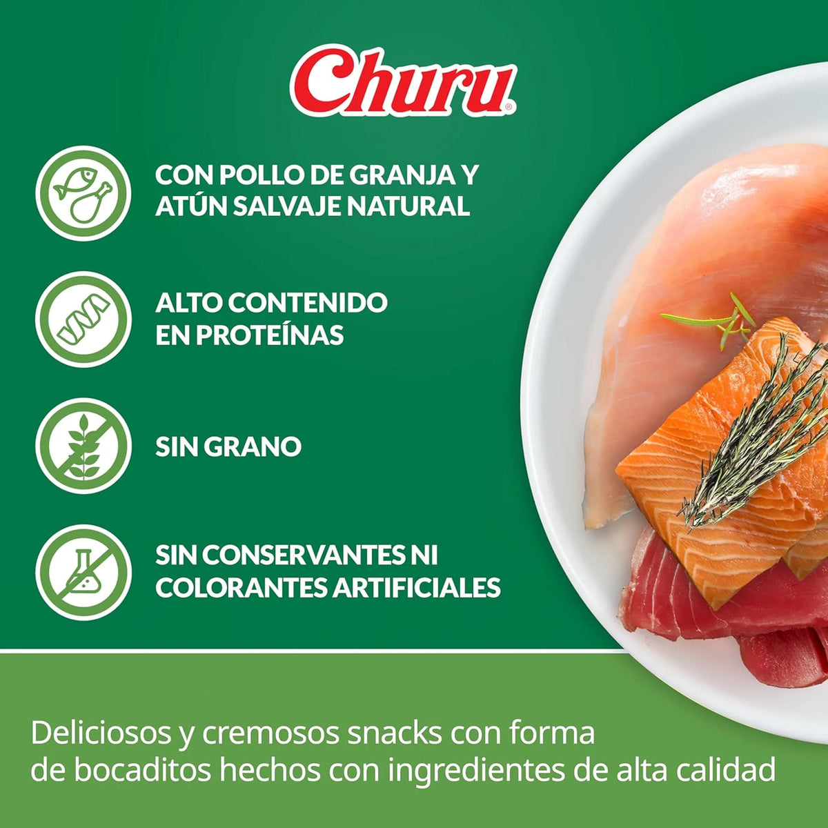 Lámina verde con un plato de pechuga de pollo, atún y un filete de salmón junto a los iconos