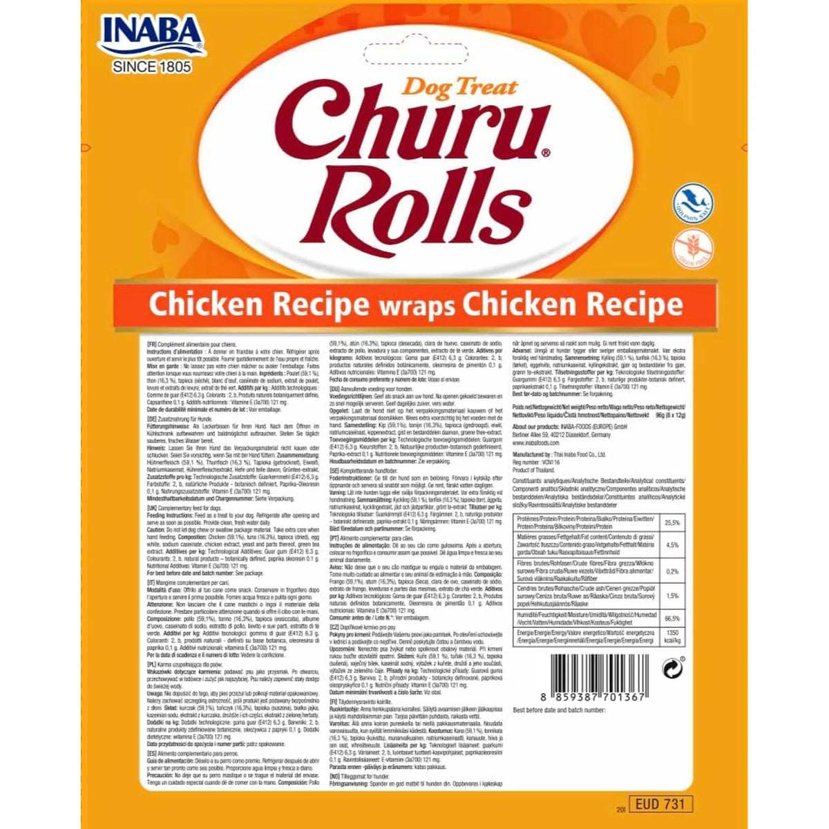 Parte trasera de la bolsa de Churu Rolls con la composición en varios idiomas y la tabla de análisis