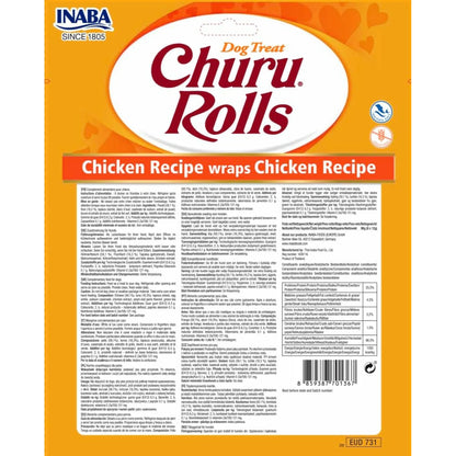 Parte trasera de la bolsa de Churu Rolls con la composición en varios idiomas y la tabla de análisis
