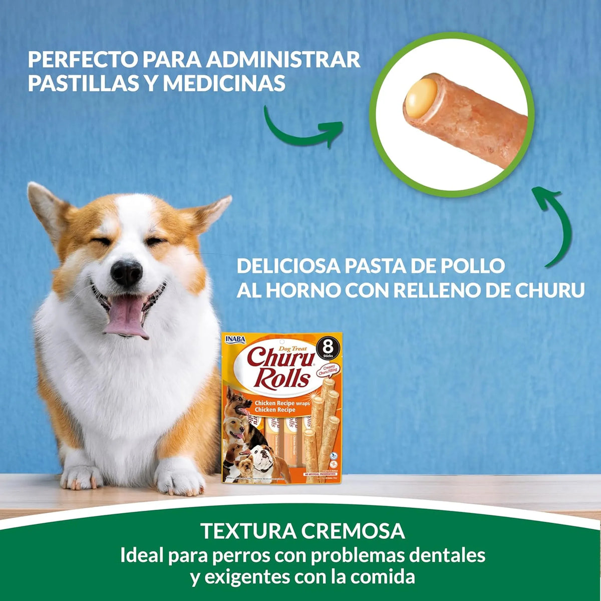 Perro corgi sonriente junto a una bolsa de Churu Rolls y una pieza horneada con relleno cremoso