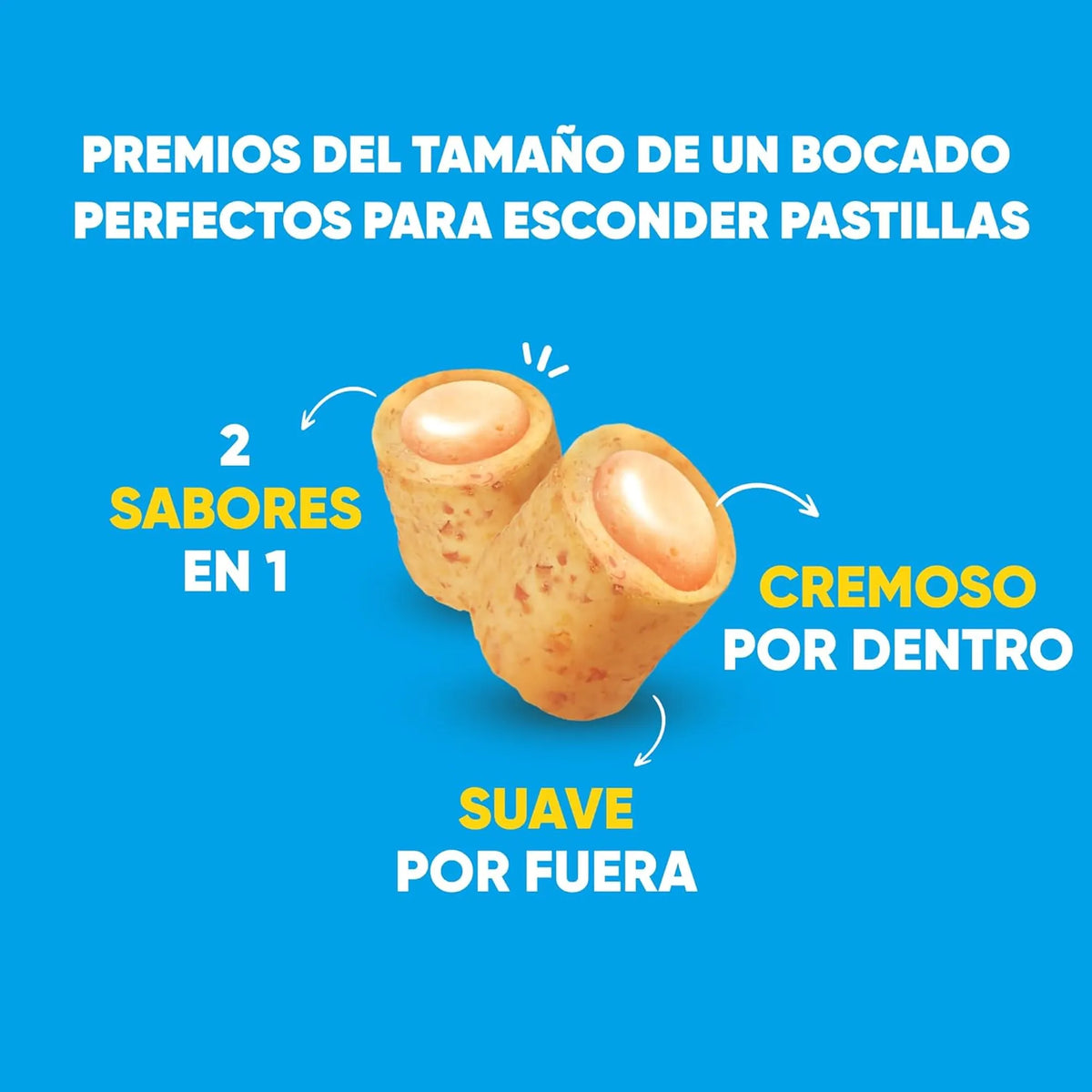 Dos bocados de Churu Fun Bites, uno de ellos cortado, con rótulos sobre sus dos texturas