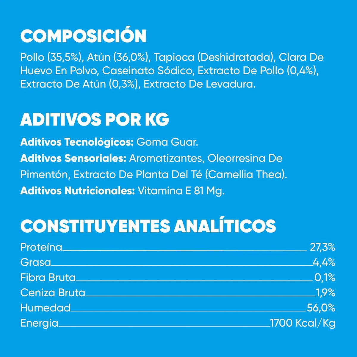 Ficha técnica en español de Churu Fun Bites de atún con composición, aditivos y analíticos