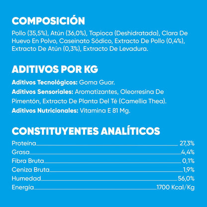 Ficha técnica en español de Churu Fun Bites de atún con composición, aditivos y analíticos