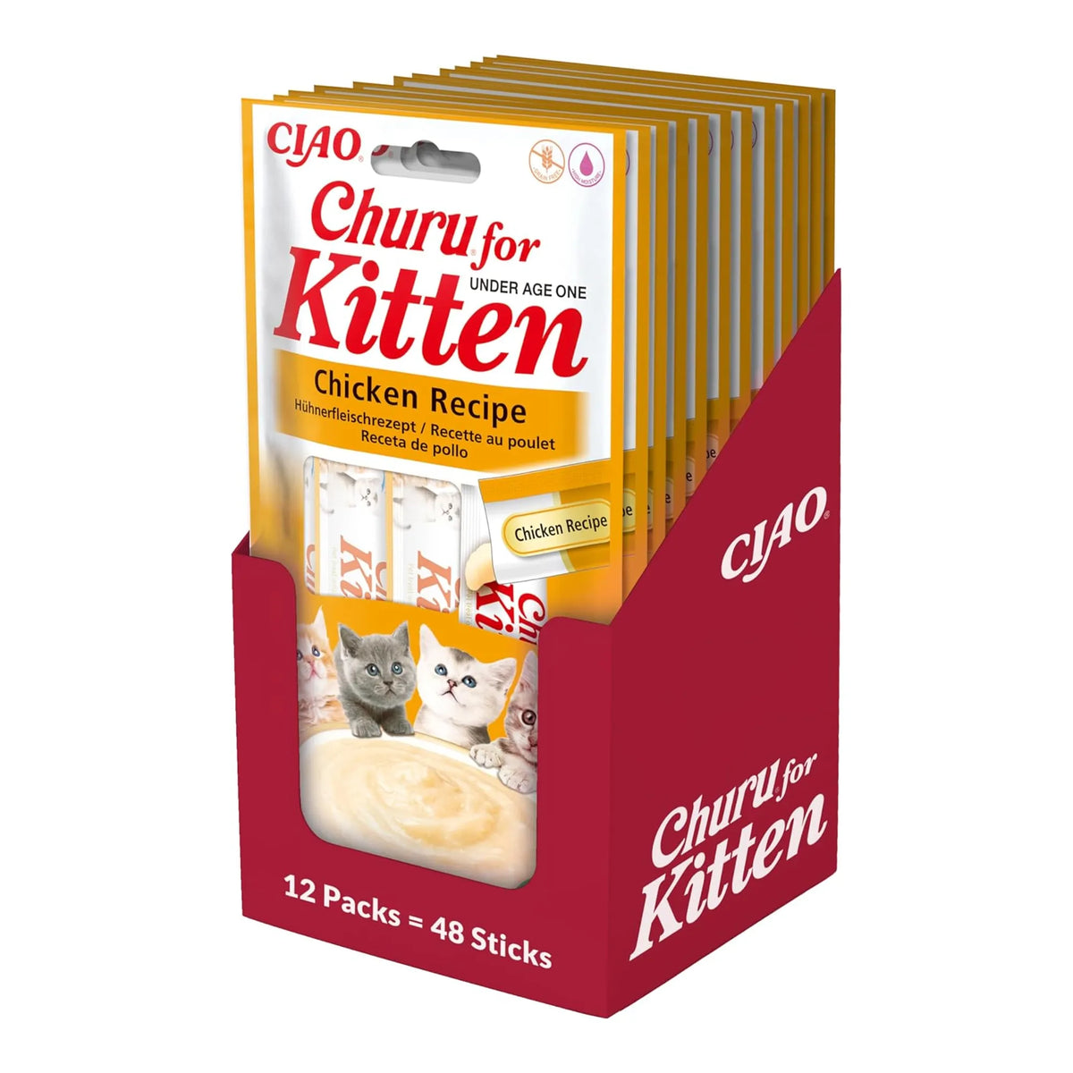 Caja expositora llena de paquetes de Churu Kitten de pollo para gatitos