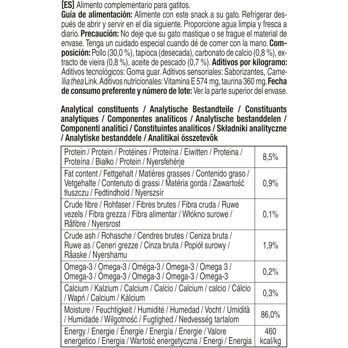 Tabla de componentes analíticos impresa en el dorso del paquete, en varios idiomas