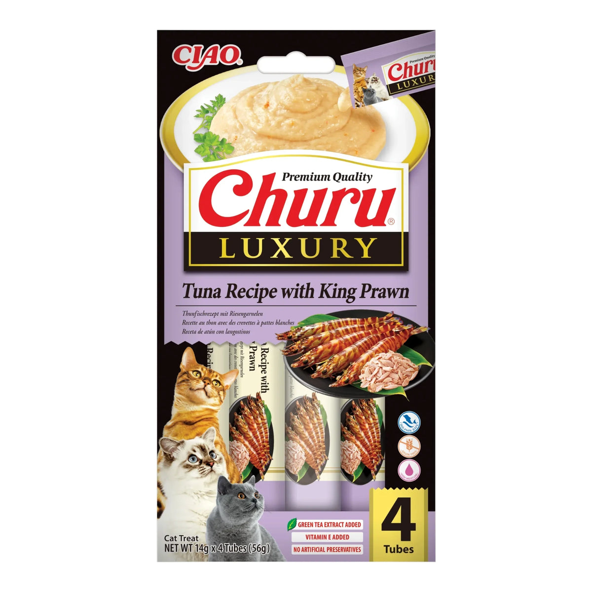 Churu Luxury de atún con langostino para gatos, paquete de 4 tubos de 14 g (56 g), EAN 14262365731828