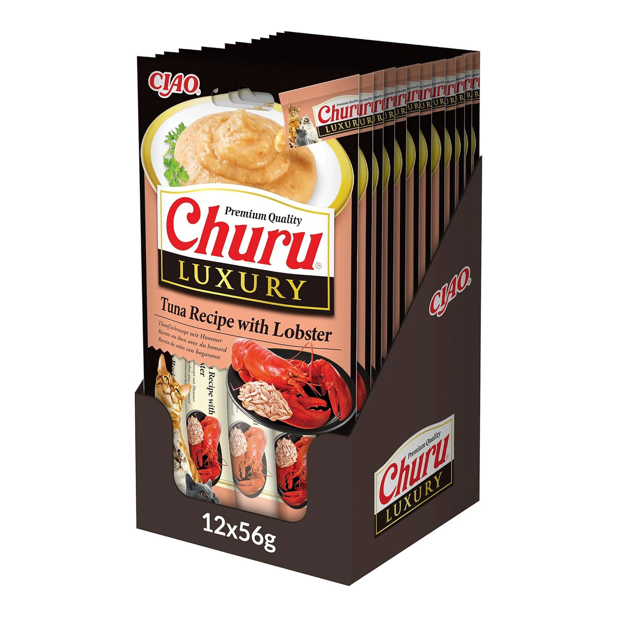 Caja expositora con 12 paquetes de Churu Luxury de atún con langosta (12 x 56 g), el formato en que se vende
