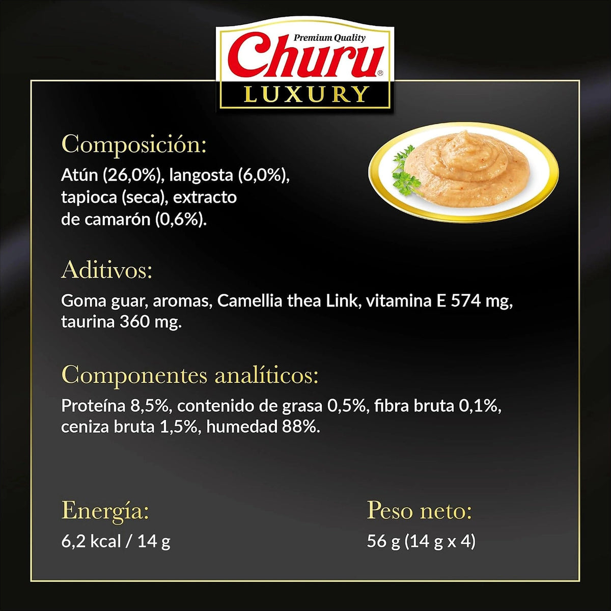 Ficha de Churu Luxury langosta con composición, aditivos, analíticos, 6,2 kcal por tubo y peso neto de 56 g
