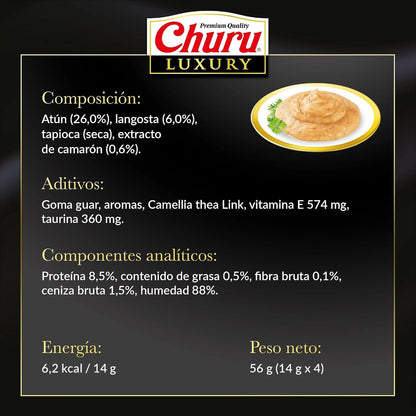 Ficha de Churu Luxury langosta con composición, aditivos, analíticos, 6,2 kcal por tubo y peso neto de 56 g