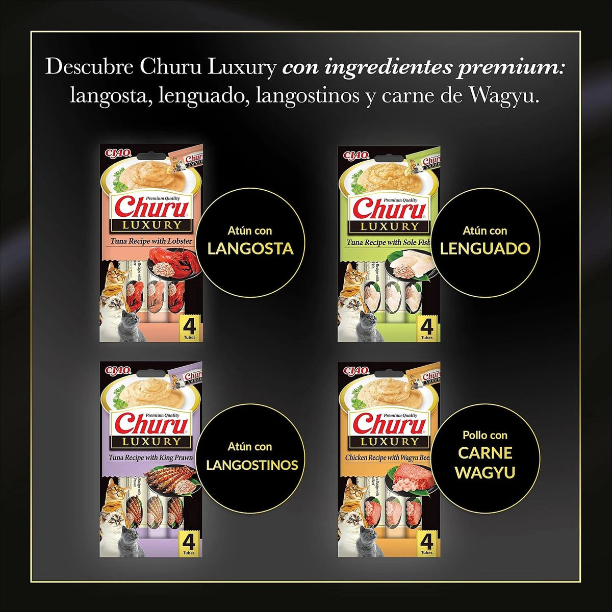 Las cuatro recetas de la gama Churu Luxury, entre ellas la de atún con langosta, con sus paquetes de 4 tubos