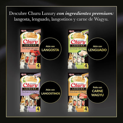 Las cuatro recetas de la gama Churu Luxury, entre ellas la de atún con langosta, con sus paquetes de 4 tubos