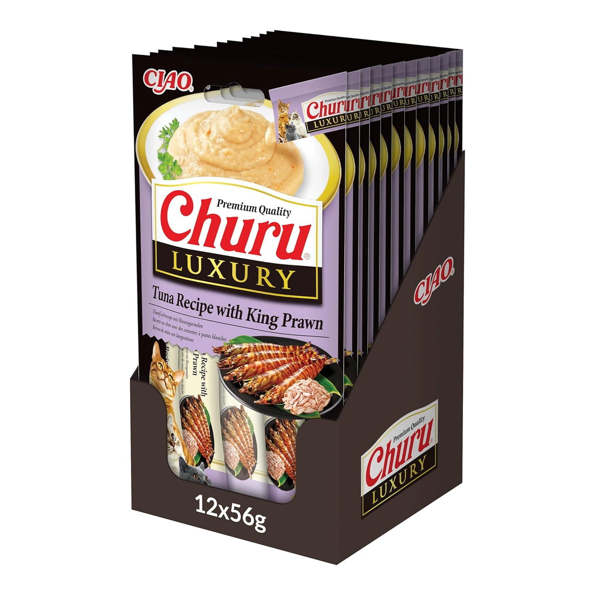 Caja expositora con 12 paquetes de Churu Luxury de atún con langostino (12 x 56 g), el formato en que se vende