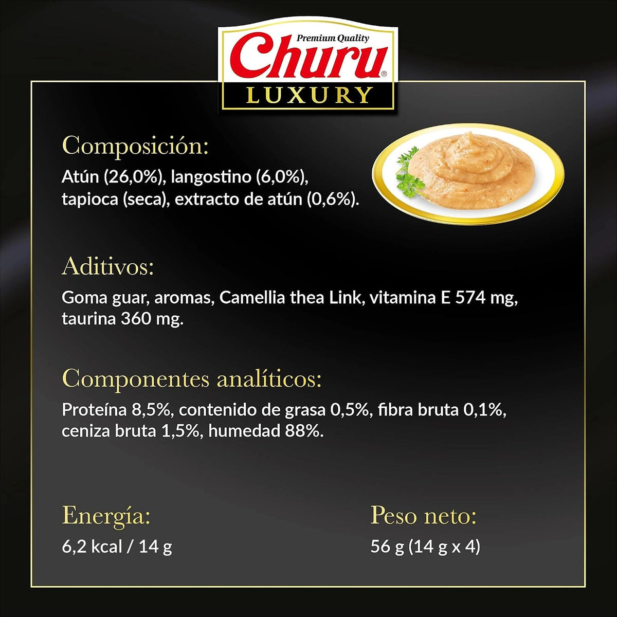 Ficha de Churu Luxury langostino con composición, aditivos, analíticos, 6,2 kcal por tubo y peso neto de 56 g