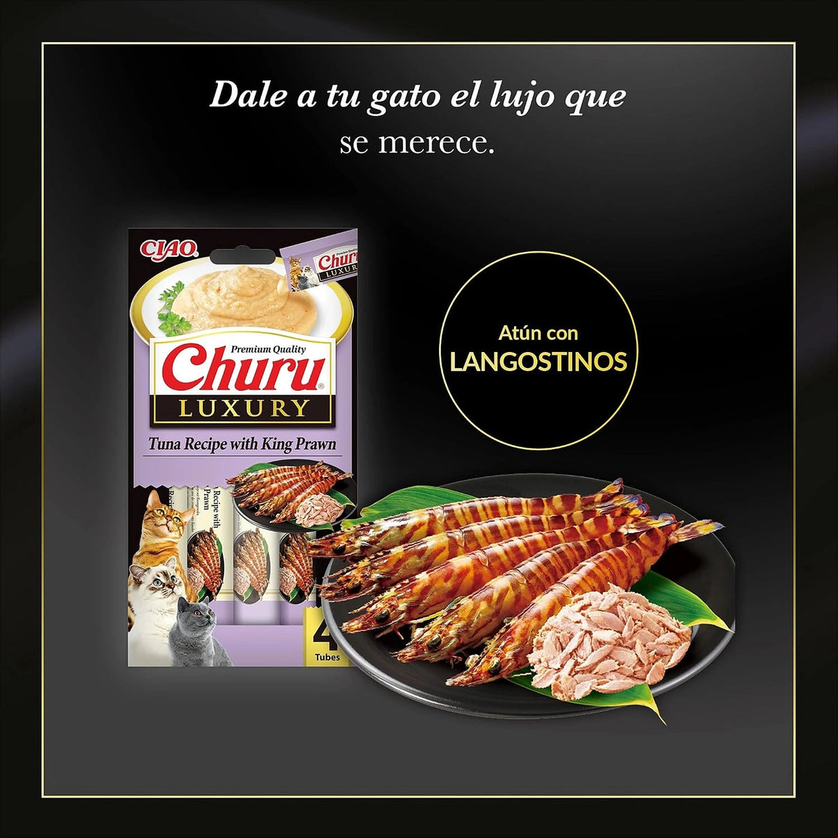 Lámina de Churu Luxury langostino: el paquete de atún con langostino junto a langostinos y atún en un plato