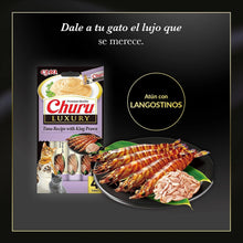 Lámina de Churu Luxury langostino: el paquete de atún con langostino junto a langostinos y atún en un plato