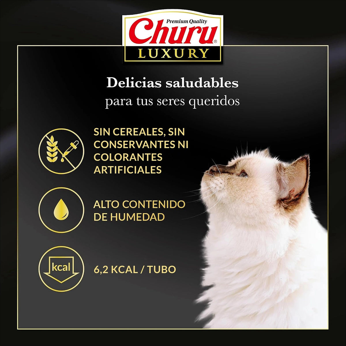 Churu Luxury langostino: sin cereales, sin conservantes ni colorantes artificiales, alta humedad y 6,2 kcal por tubo