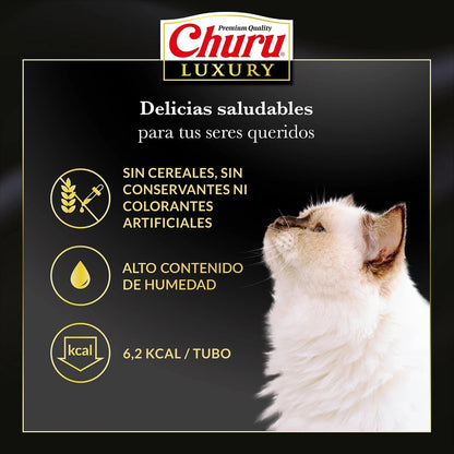 Churu Luxury langostino: sin cereales, sin conservantes ni colorantes artificiales, alta humedad y 6,2 kcal por tubo
